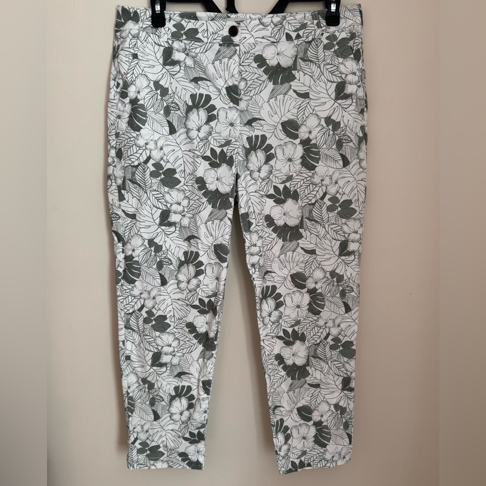Talbots Women’s Floral Chino Ankle Pant Size 14P Mid Rise Casual Green White